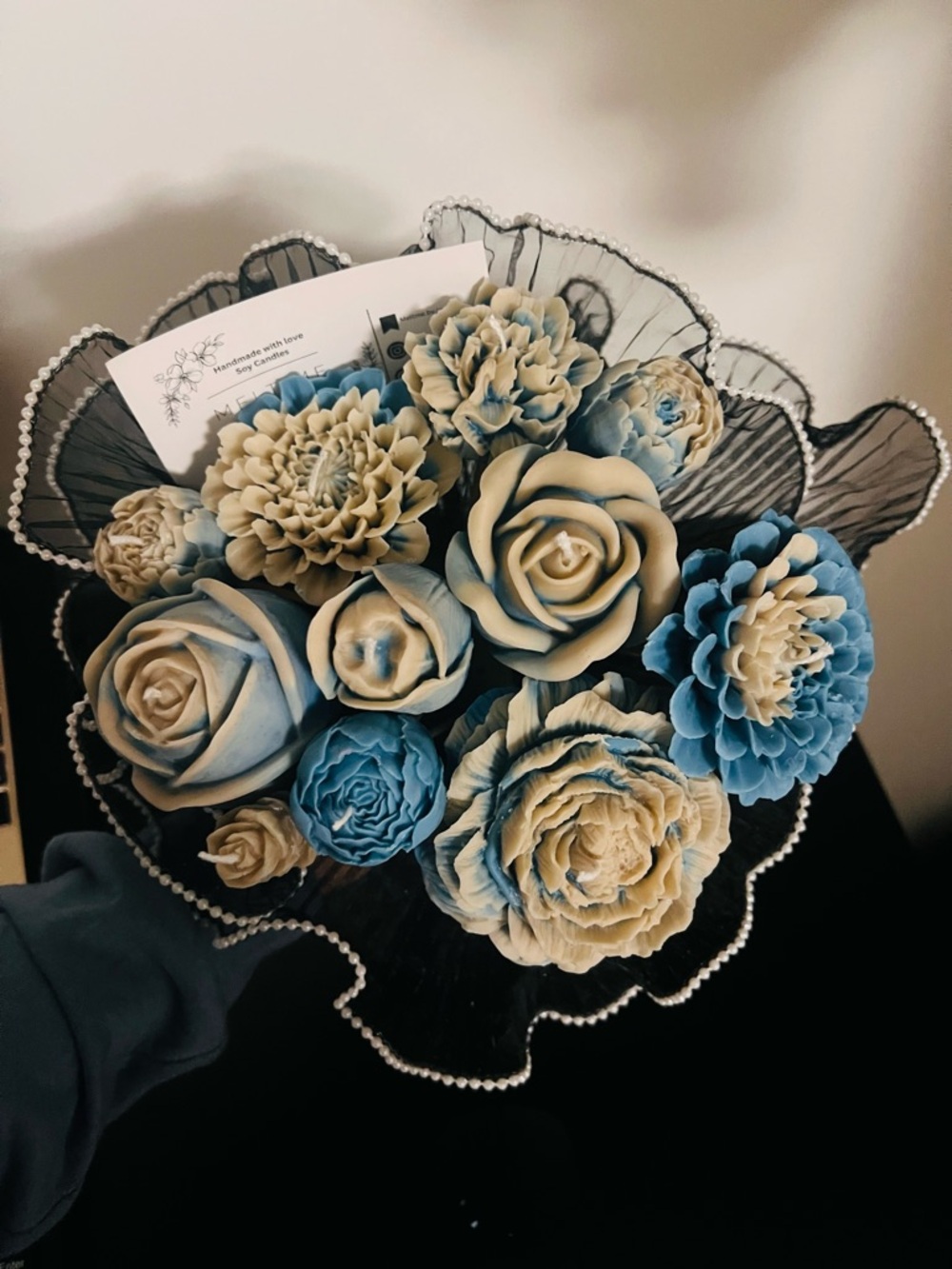 Handcrafted Blue & Cream Decorative Flower Bouquet - Home Accents